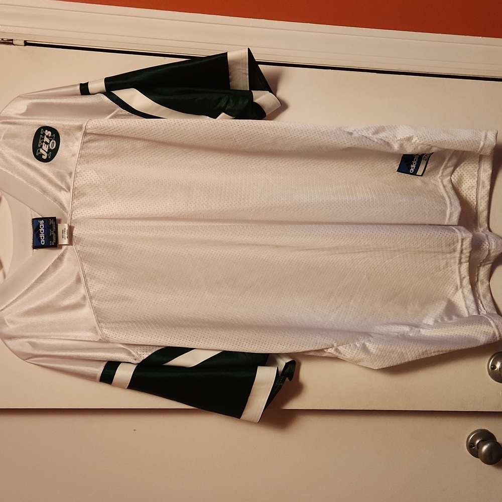 New York Jets Adidas White and Dark Green Sleeves Sports Jersey.